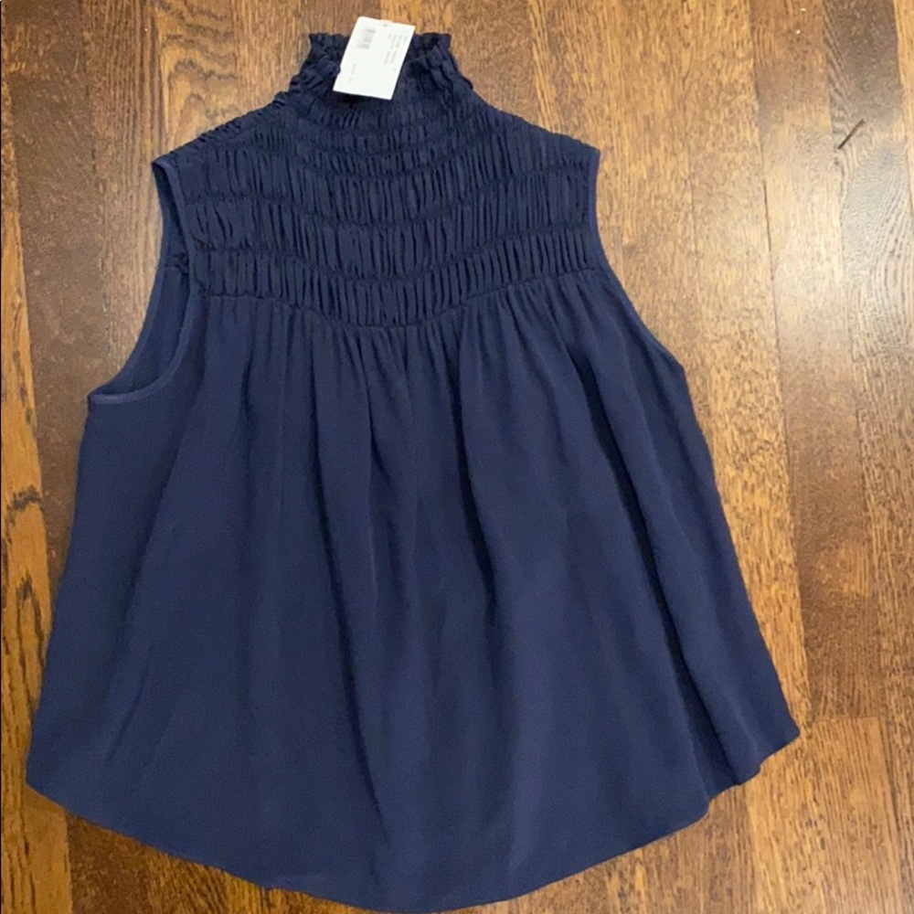 Frame Navy Ruched Sleeveless Top High Collar size M NWT